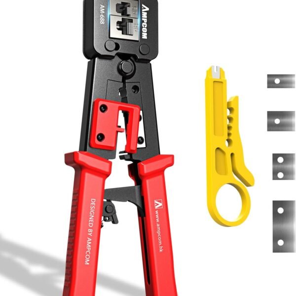 AMPCOM RJ45 Pass Thru Crimping Tool Network Crimper for Pass Through and Regular Type RJ45 RJ12 RJ11 Connector -CAT6/5e（8P8C/6P6C/6P4C)